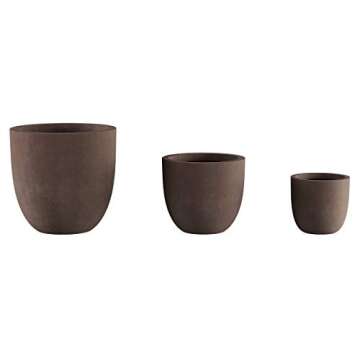Pure Garden Plant Pots - Lightweight Fiber Clay Flower Pots - 17.5”, 13.5”, and 9.75” Diameter Large Outdoor Planters - Plant Pot Set of 3 (Brown)