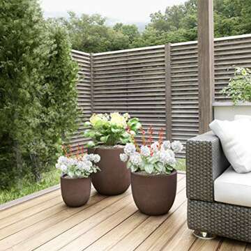 Pure Garden Plant Pots - Lightweight Fiber Clay Flower Pots - 17.5”, 13.5”, and 9.75” Diameter Large Outdoor Planters - Plant Pot Set of 3 (Brown)