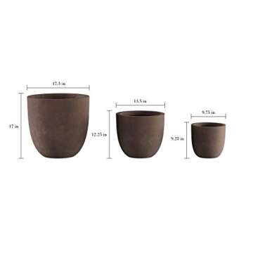 Pure Garden Plant Pots - Lightweight Fiber Clay Flower Pots - 17.5”, 13.5”, and 9.75” Diameter Large Outdoor Planters - Plant Pot Set of 3 (Brown)