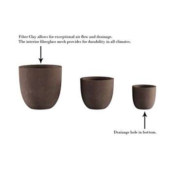 Pure Garden Plant Pots - Lightweight Fiber Clay Flower Pots - 17.5”, 13.5”, and 9.75” Diameter Large Outdoor Planters - Plant Pot Set of 3 (Brown)