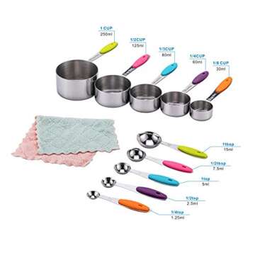 10 Piece Stainless Steel Measuring Cups and Spoons Set with Scrub Sponge Including 5 Piece Measuring Cups and 5 Piece Measuring Spoons, for Dry and Liquid Ingredients