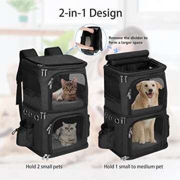 HOVONO Double-Compartment Pet Carrier Backpack for Small Cats and Dogs, Cat Travel Carrier for 2 Cats, Perfect for Traveling/Hiking/Camping, Black