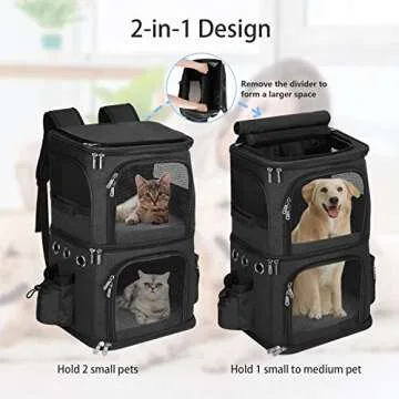 HOVONO Double-Compartment Pet Carrier Backpack for Small Cats and Dogs, Cat Travel Carrier for 2 Cats, Perfect for Traveling/Hiking/Camping, Black