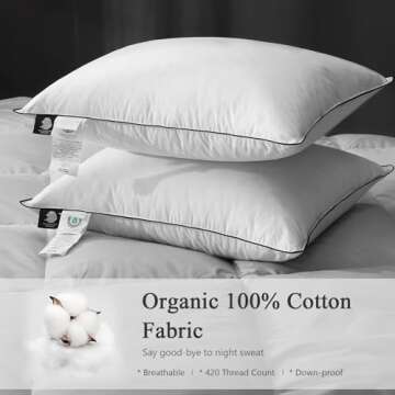 DWR Goose Feather Down Core Pillow Surrounded by Polyester 2 Pack, 100% Organic Cotton Covered, Medi...