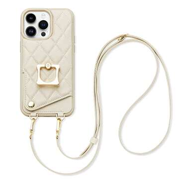 ROMIELA for iPhone 14 Pro Max Ring Case with Card Holder Crossbody Strap Lanyard, RFID Blocking Leat...