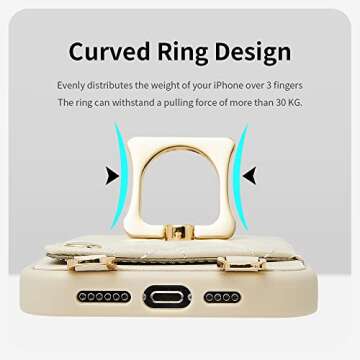 ROMIELA for iPhone 14 Pro Max Ring Case with Card Holder Crossbody Strap Lanyard, RFID Blocking Leather Cover 360°Rotation Finger Ring Kickstand Bumper for Apple iPhone 14 Pro Max, 6.7 inch - Beige