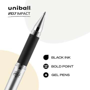 uni-ball Signo 207 Impact Stick Gel Pen, 4 Black Pens, 1.0mm Bold Point Gel Pens, Smooth Writing, Ar...
