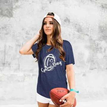 Game Day Shirt Women Cute Football T Shirt Bleached Rugby Ball Graphic Tee Sunday Casual Short Sleeve Tops A-Blue