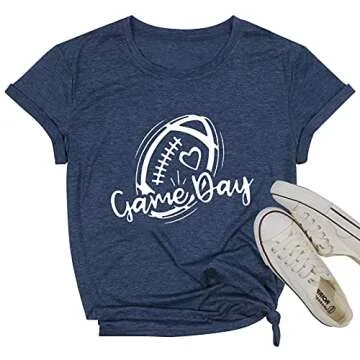 Game Day Shirt Women Cute Football T Shirt Bleached Rugby Ball Graphic Tee Sunday Casual Short Sleeve Tops A-Blue