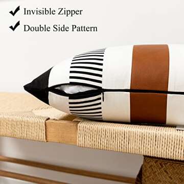 HOEMCE Set of 2 Farmhouse Decorative Throw Pillow Covers 12x20 Inch for Living Room Couch Bed,Neutral Modern Faux Leather Accent Cushion Cover Black and White Geometric Stripe Boho Pillowcase