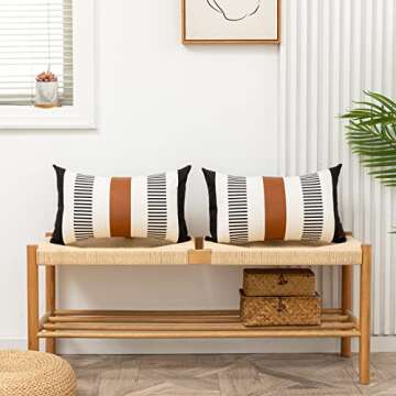 HOEMCE Set of 2 Farmhouse Decorative Throw Pillow Covers 12x20 Inch for Living Room Couch Bed,Neutral Modern Faux Leather Accent Cushion Cover Black and White Geometric Stripe Boho Pillowcase