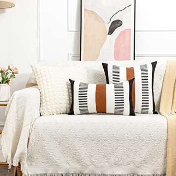 HOEMCE Set of 2 Farmhouse Decorative Throw Pillow Covers 12x20 Inch for Living Room Couch Bed,Neutral Modern Faux Leather Accent Cushion Cover Black and White Geometric Stripe Boho Pillowcase