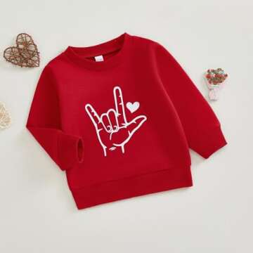 Toddler Boy Valentines Day Outfit Love Crewneck Sweatshirt Letter Long Sleeve Shirt Pullover Tops Valentines Day Clothes (V-Red Love,3-4T)