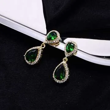 CZ Teardrop Emerald Green Earrings for Women