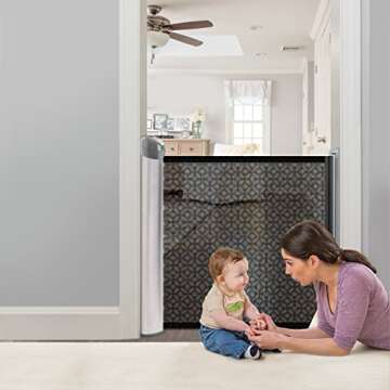 Summer Retractable Baby Gate, Decorative Mesh Fabric, Silver Satin Finish with Charcoal Accents – 30” Tall Baby Gate, Fits Openings up to 50” Wide, Hardware Mounted Baby Gate for Doorways & Stairways
