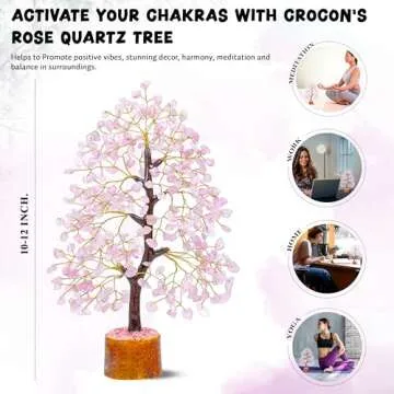 Crocon Rose Quartz Gemstone Tree Feng Shui Figurine Money Bonsai Good Luck Chakra Balancing Reiki Healing Crystals Decoration Ornament Sculpture Prosperity Table Decor Gift Size 10-12"