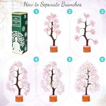 Crocon Rose Quartz Gemstone Tree Feng Shui Figurine Money Bonsai Good Luck Chakra Balancing Reiki Healing Crystals Decoration Ornament Sculpture Prosperity Table Decor Gift Size 10-12"