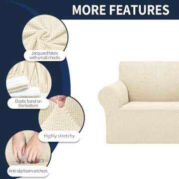 2025 New Stretch Sofa Slipcovers Couch Cover for 3 Cushion Furniture Protector Sofa Covers with Elastic Bottom Jacquard Fabric Small Checks for Pets, Kids -Sofa, Beige