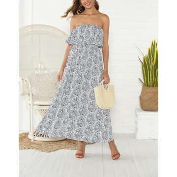 ZMPSIISA Women's Summer Off The Shoulder Maxi Dress Ruffle Strapless Blue White Porcelain Boho Casua...