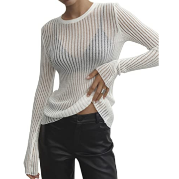 SAFRISIOR Women Sexy See Through Long Sleeve T-Shirts Mesh Sheer Skinny Rib Scalloped Trim Tees Blou...