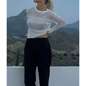 SAFRISIOR Sexy See Through Long Sleeve T-Shirt for Women