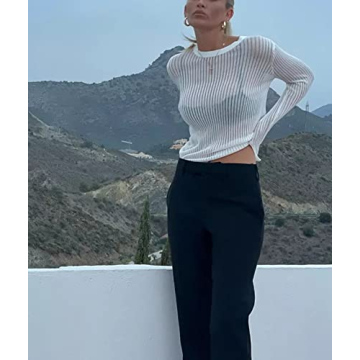 SAFRISIOR Sexy See Through Long Sleeve T-Shirt for Women