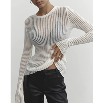 SAFRISIOR Sexy See Through Long Sleeve T-Shirt for Women