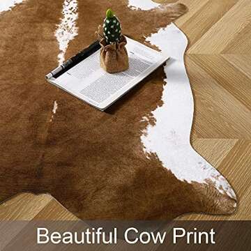 AROGAN Premium Faux Cowhide Rug 6.2 x 5.2 Feet, Sturdy and Large Size Cow Print Rugs, Suitable for Bedroom Living Room Western Decor, Faux Fur Animal Cow Hide Carpet, Brown