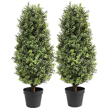 Artificial Topiary Boxwood Tree, Faux Shrub, Includes Black Plastic Pot, 2 Packs Fake Trees, Home De...