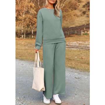 PRETTYGARDEN Women's 2 Piece Outfits Casual Long Sleeve Pullover Tops and Wide Leg Pants Knitted Lounge Sets (Bean Green,Medium)