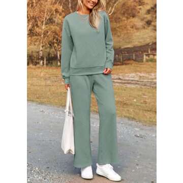 PRETTYGARDEN Women's 2 Piece Outfits Casual Long Sleeve Pullover Tops and Wide Leg Pants Knitted Lounge Sets (Bean Green,Medium)