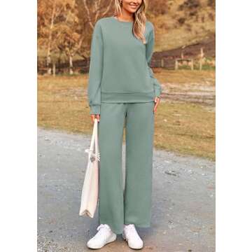PRETTYGARDEN Women's 2 Piece Outfits Casual Long Sleeve Pullover Tops and Wide Leg Pants Knitted Lounge Sets (Bean Green,Medium)