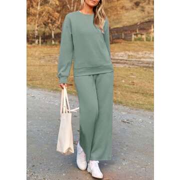 PRETTYGARDEN Women's 2 Piece Outfits Casual Long Sleeve Pullover Tops and Wide Leg Pants Knitted Lounge Sets (Bean Green,Medium)