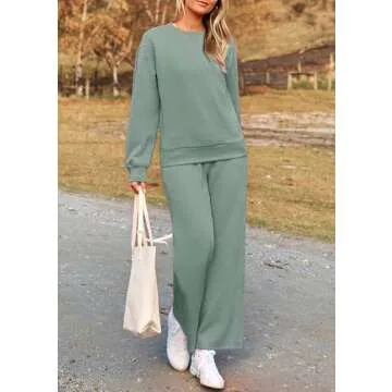 PRETTYGARDEN Women's 2 Piece Outfits Casual Long Sleeve Pullover Tops and Wide Leg Pants Knitted Lounge Sets (Bean Green,Medium)