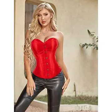 Moessa Women's Satin Corsets Top Lace Up Boned Overbust Corset bustier Lingerie Body Shaper Bustier A818-Red-L