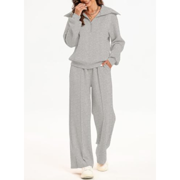Aleumdr Two Piece Outfits Half Zip Sweatshirt Sweatsuit Lounge Sets for Women Matching Set Wide Leg Sweatpant Tracksuit