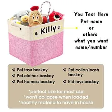PET ARTIST Collapsible Dog Toy Storage Basket Bin with Personalized Pet's Name - Rectangular Storage Box Chest Organizer for Dog Toys,Dog Clothing,Dog Apparel & Accessories (Pink Big One)