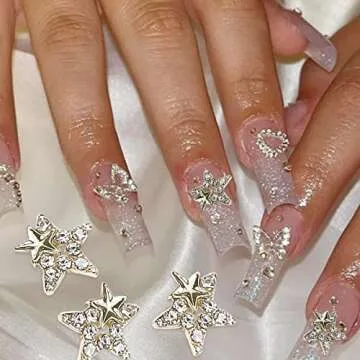 20Pcs Shiny Alloy Star Nail Charms 3D Stars Nail Gems Nail Rhinestones Silver Gold Nail Charms Shiny Crystal Star Nail Art Charms Metal Nail Jewelry Nail Designs for Women Girls Acrylic Decorations
