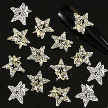20Pcs Shiny Alloy Star Nail Charms 3D Stars Nail Gems Nail Rhinestones Silver Gold Nail Charms Shiny Crystal Star Nail Art Charms Metal Nail Jewelry Nail Designs for Women Girls Acrylic Decorations