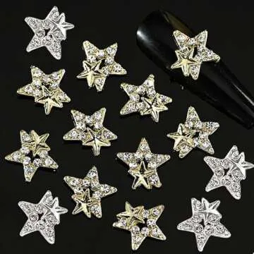 20Pcs Shiny Alloy Star Nail Charms 3D Stars Nail Gems Nail Rhinestones Silver Gold Nail Charms Shiny Crystal Star Nail Art Charms Metal Nail Jewelry Nail Designs for Women Girls Acrylic Decorations