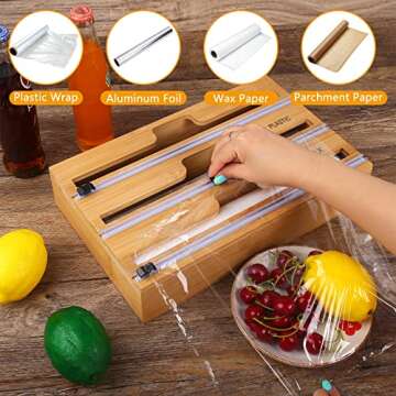 MOOMARTO 4 in 1 Foil and Plastic Wrap Organizer, Bamboo Dispenser with Cutter Labels, Aluminum Foil,...