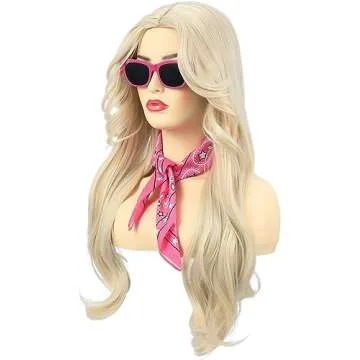 Bettecos Long Blonde Cosplay Wig for Women with Bandana Sunglasses and Earrings Middle Part Blond Wavy Synthetic Hair Wigs for Women’s Costume Halloween Party Daily Wear