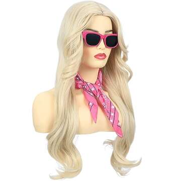 Bettecos Long Blonde Cosplay Wig for Women with Bandana Sunglasses and Earrings Middle Part Blond Wavy Synthetic Hair Wigs for Women’s Costume Halloween Party Daily Wear