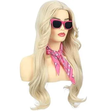 Bettecos Long Blonde Cosplay Wig for Women with Bandana Sunglasses and Earrings Middle Part Blond Wavy Synthetic Hair Wigs for Women’s Costume Halloween Party Daily Wear