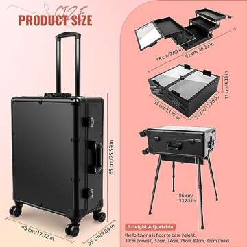 GCCSJ Aluminum Trolley Makeup Train Case with 8 LED Light 24'' Rolling Cosmetic Organizer Studio Speaker Make up Artist Free Standing Box with Mirror Makeup Vanity Station for Travel (Black)