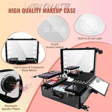 GCCSJ Aluminum Trolley Makeup Train Case with 8 LED Light 24'' Rolling Cosmetic Organizer Studio Speaker Make up Artist Free Standing Box with Mirror Makeup Vanity Station for Travel (Black)
