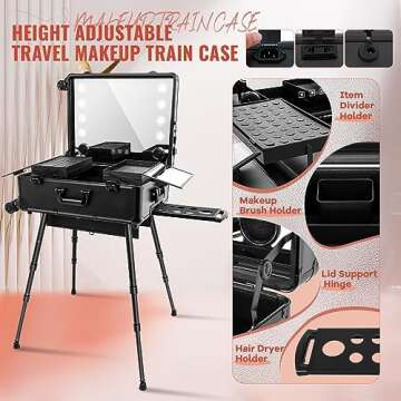 GCCSJ Aluminum Trolley Makeup Train Case with 8 LED Light 24'' Rolling Cosmetic Organizer Studio Speaker Make up Artist Free Standing Box with Mirror Makeup Vanity Station for Travel (Black)