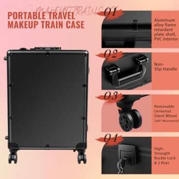 GCCSJ Aluminum Trolley Makeup Train Case with 8 LED Light 24'' Rolling Cosmetic Organizer Studio Speaker Make up Artist Free Standing Box with Mirror Makeup Vanity Station for Travel (Black)