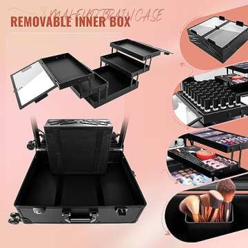 GCCSJ Aluminum Trolley Makeup Train Case with 8 LED Light 24'' Rolling Cosmetic Organizer Studio Speaker Make up Artist Free Standing Box with Mirror Makeup Vanity Station for Travel (Black)