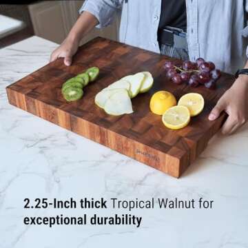 Shumaru 2-Inch Thick Large End-Grain Butcher Block Cutting Board – 19"x12" Tropical Walnut | Non-Slip Feet & Handles | Classic Charlston Chess Design